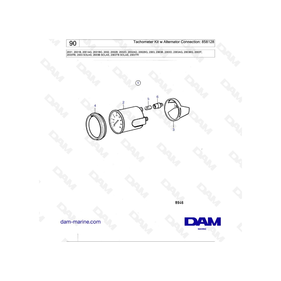 Volvo Penta 2001 / 2002 / 2003 / 2003T - Tachometer Kit w Alternator Connection: 858128
