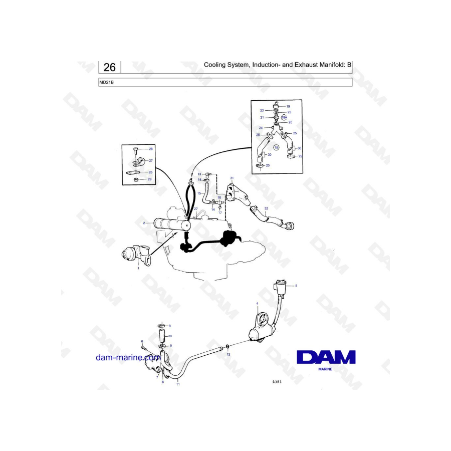 Volvo Penta MD21B - Cooling system, induction & exhaust manifold : B