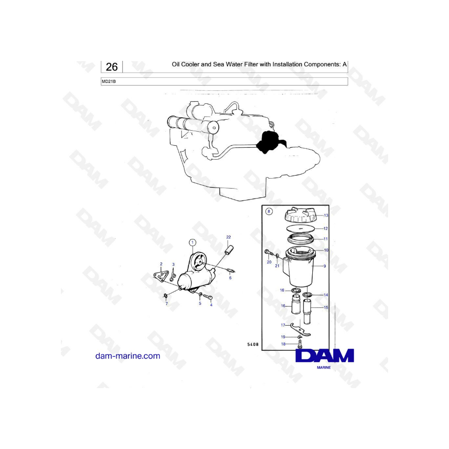 Volvo Penta MD21B - Oil cooler & sea water filter with installation components: A