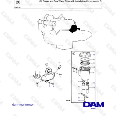 Volvo Penta AQD21B - Oil cooler & sea water filter with installation components : B