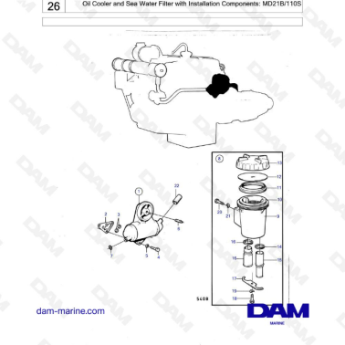 Volvo Penta MD21B / 110S - Oil cooler & sea water filter with installation components