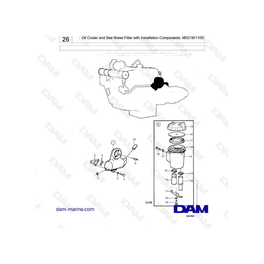 Volvo Penta MD21B / 110S - Oil cooler & sea water filter with installation components