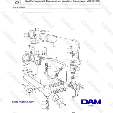 Volvo Penta MD21B / AQD21B / 110S - Heat exchanger with thermostat & installation components
