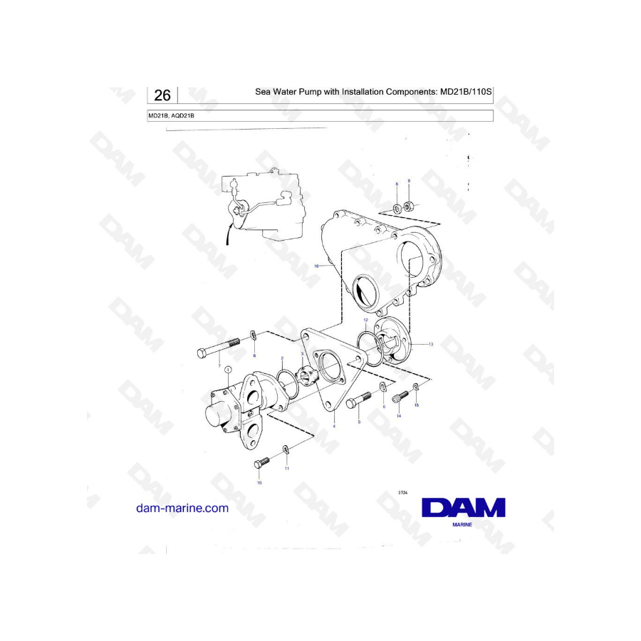 Volvo Penta MD21B / AQD21B - Sea water pump with installation components