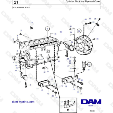 Volvo Penta D41A / AQAD41 / AD41A - Cylinder block & flywheel cover