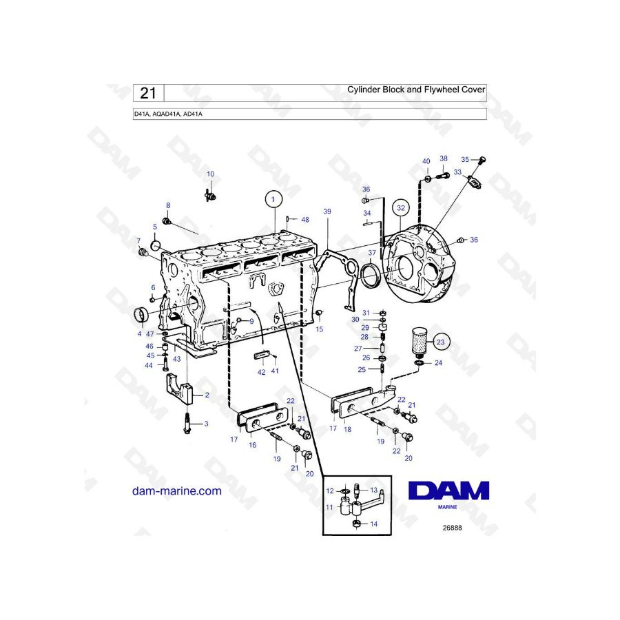 Volvo Penta D41A / AQAD41 / AD41A - Bloque de cilindros y tapa del volante