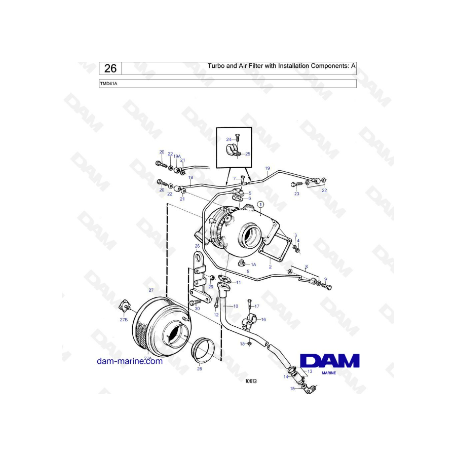Volvo Penta TMD41A - Turbo y filtro de aire con componentes de instalación: A