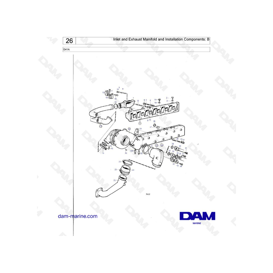 Volvo Penta D41A - Colector de admisión y escape y componentes de instalación: B 