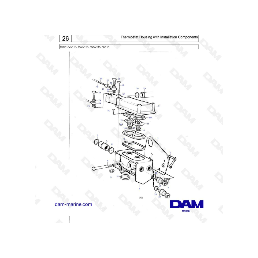 Volvo Penta TMD41A / D41A / TAMD41A / AQAD41A / AD41A - Carcasa del termostato con componentes de instalación