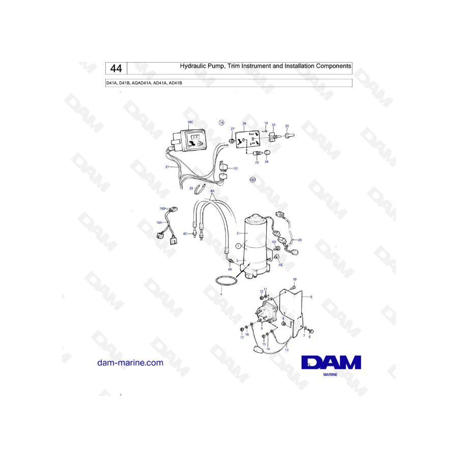 Volvo Penta D41A / D41B / AQAD41A / AD41A / AD41B - Hydraulic pump, trim instrument & installation components