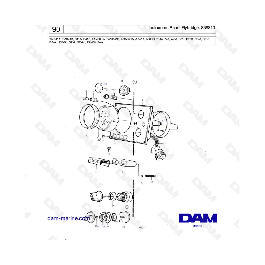 Volvo Penta TMD41A/TMD41B/D41A/D41B/TAMD41A/TAMD41B/AQAD41A/AD41A/AD41B - Panel de instrumentos en el flybridge