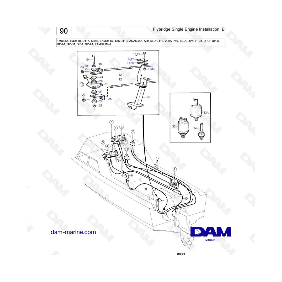 Volvo Penta TMD41A/TMD41B/D41A/D41B/TAMD41A/TAMD41B/AQAD41A/AD41A/AD41B - Instalación de un solo motor en flybridge: B