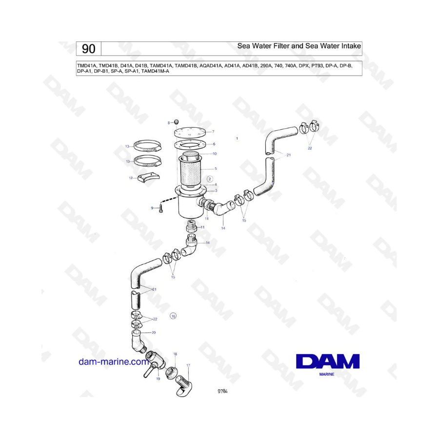 Volvo Penta TMD41A/TMD41B/D41A/D41B/TAMD41A/TAMD41B/AQAD41A/AD41A/AD41B - Filtro y admisión de agua de mar