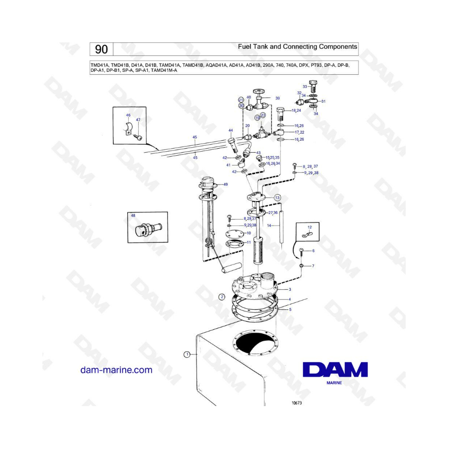 Volvo Penta TMD41A/TMD41B/D41A/D41B/TAMD41A/TAMD41B/AQAD41A/AD41A/AD41B - Depósito de combustible y componentes de conexión