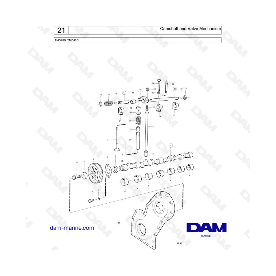 Volvo Penta TMD40B / TMD40C - Árbol de levas y mecanismo de válvulas 