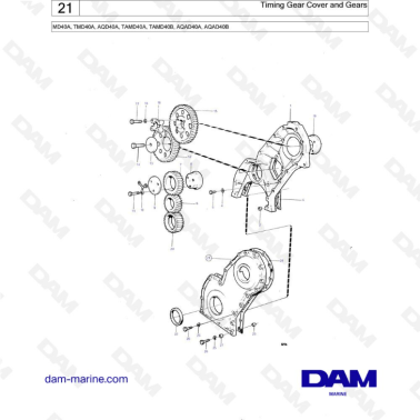 Volvo Penta MD40A / TMD40A / AQD40A / TAMD40A / TAMD40B / AQAD40A / AQAD40B - Timing gear cover & gears