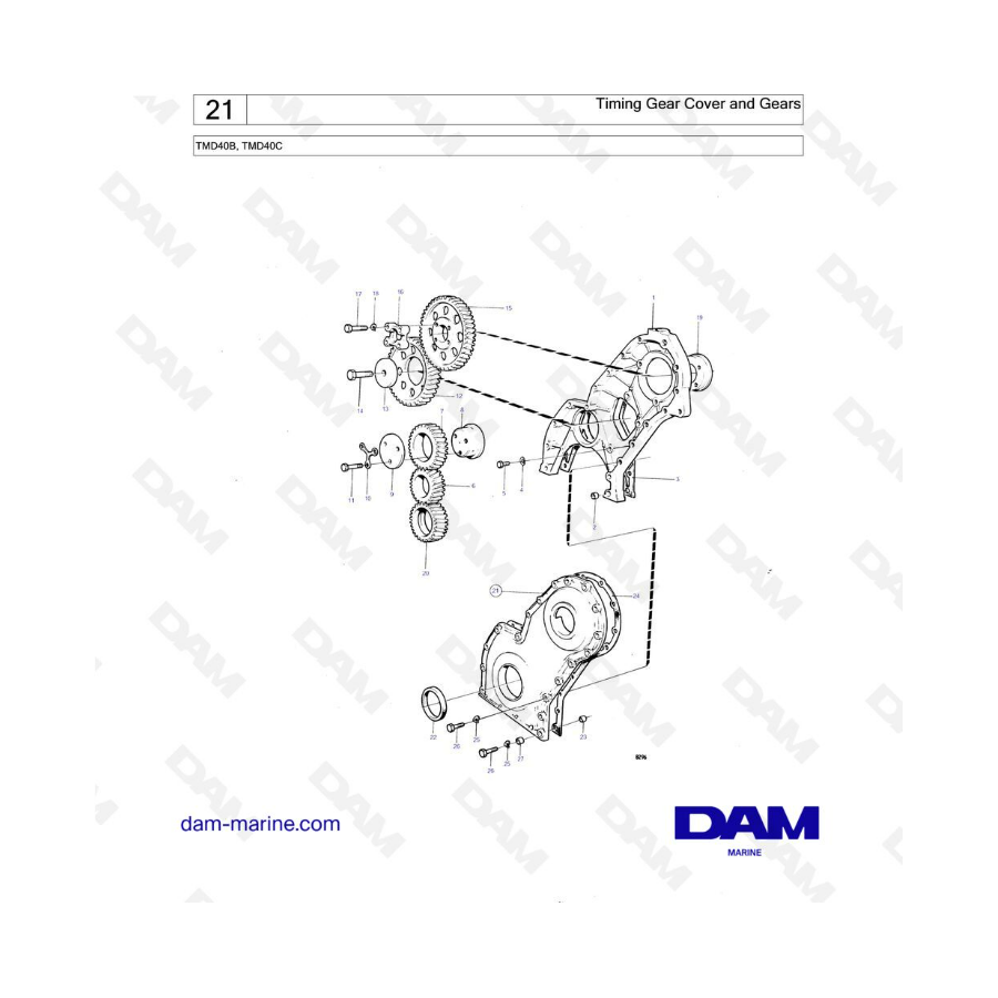 Volvo Penta TMD40B / TMD40C - Tapa de distribución y engranajes 