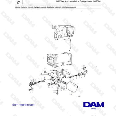 Volvo Penta MD40A/TMD40A/TMD40B/TMD40C/AQD40A/TAMD40A/TAMD40B/AQAD40A/AQAD40B - Oil filter & installation components