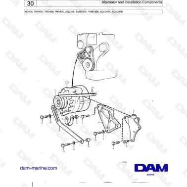 Volvo Penta MD40A/TMD40A/TMD40B/TMD40C/AQD40A/TAMD40A/TAMD40B/AQAD40A/AQAD40B - Alternator & installation components