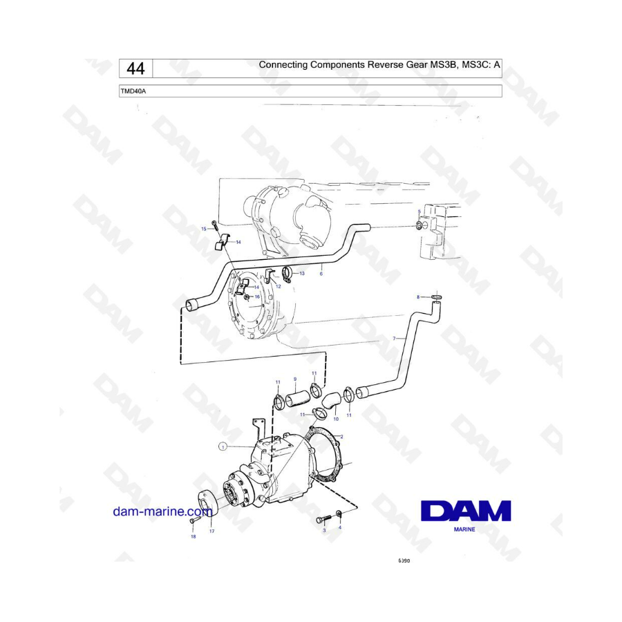 Volvo Penta TMD40A - Componentes de conexión de la marcha atrás MS3B, MS3C: A 