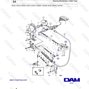 Volvo Penta MD40A/TMD40A/TMD40B/TMD40C/AQD40A/TAMD40A/TAMD40B/AD40B/AQAD40A/AQAD40B - Steering mechanism cable type