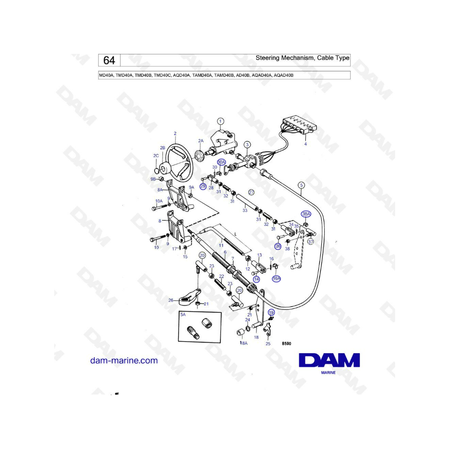 Volvo Penta MD40A/TMD40A/TMD40B/TMD40C/AQD40A/TAMD40A/TAMD40B/AD40B/AQAD40A/AQAD40B - Steering mechanism cable type