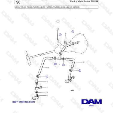 Volvo Penta MD40A/TMD40A/TMD40B/TMD40C/AQD40A/TAMD40A/TAMD40B/AD40B/AQAD40A/AQAD40B - Cooling water intake: 828244