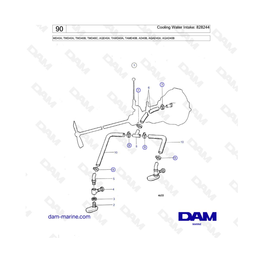 Volvo Penta MD40A/TMD40A/TMD40B/TMD40C/AQD40A/TAMD40A/TAMD40B/AD40B/AQAD40A/AQAD40B - Cooling water intake: 828244