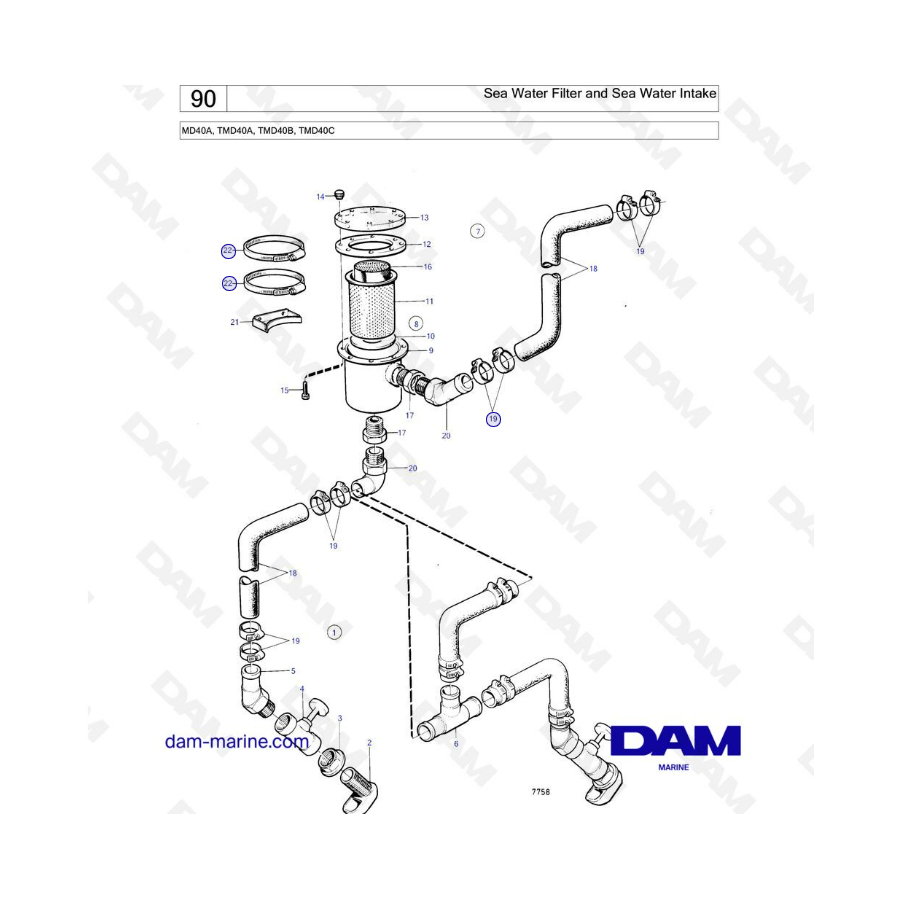 Volvo Penta MD40A/TMD40A/TMD40B/TMD40C - Sea water filter & sea water intake