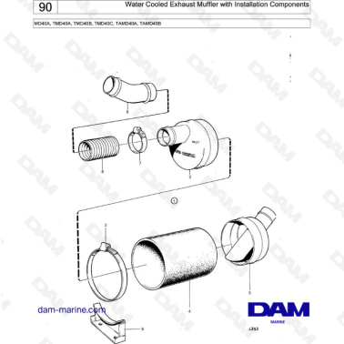 Volvo Penta MD40A/TMD40A/TMD40B/TMD40C/TAMD40A/TAMD40B - Water cooled exhaust muffer with installation components