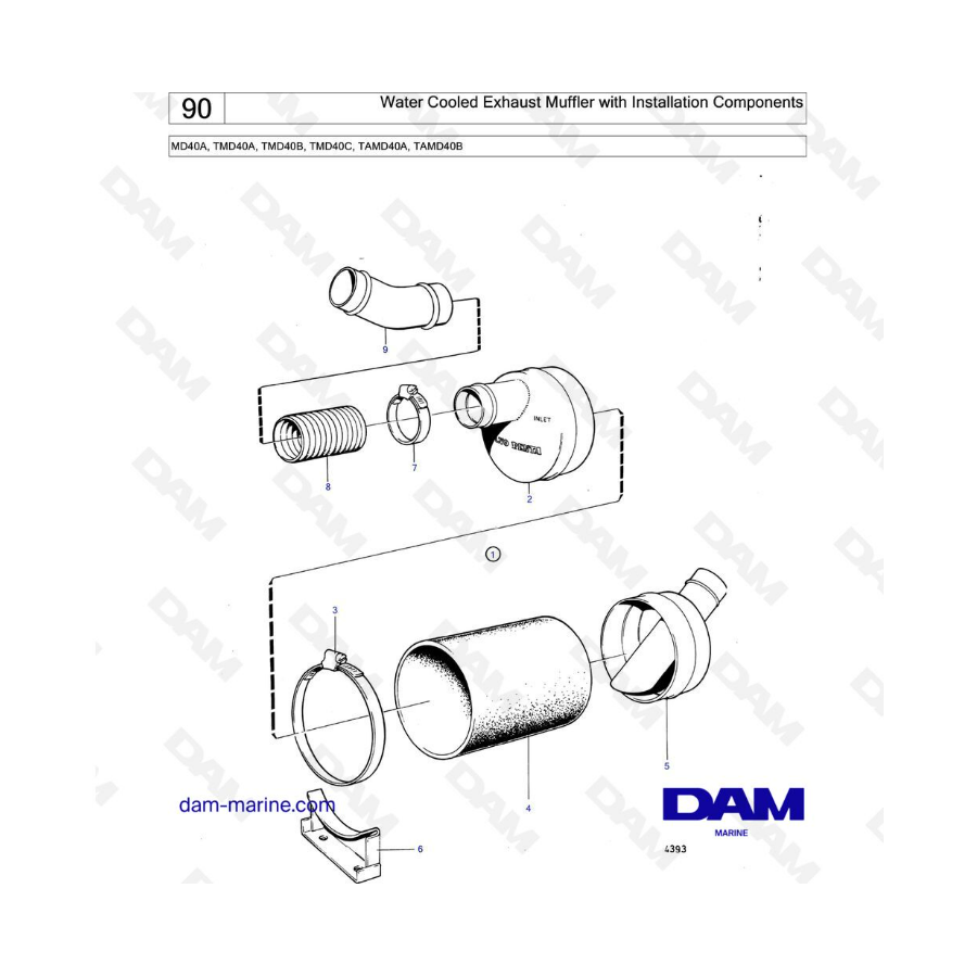 Volvo Penta MD40A/TMD40A/TMD40B/TMD40C/TAMD40A/TAMD40B - Water cooled exhaust muffer with installation components