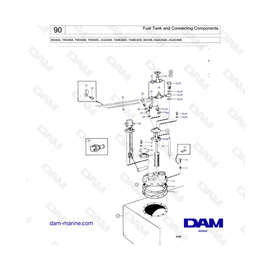 Volvo Penta MD40A/TMD40A/TMD40B/TMD40C/AQD40A/TAMD40A/TAMD40B/AD40B/AQAD40A/AQAD40B - Fuel tank & connecting comps