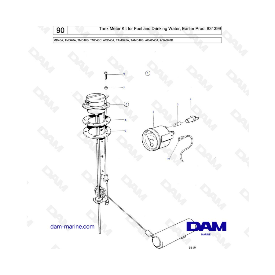 Volvo Penta MD40A/TMD40A/TMD40B/TMD40C/AQD40A/TAMD40A/TAMD40B/AQAD40A/AQAD40B - Tank meter kit for fuel & driking water