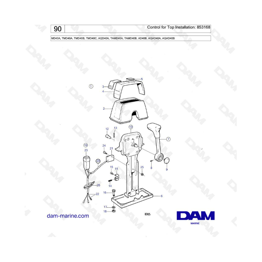 Volvo Penta MD40A/TMD40A/TMD40B/TMD40C/AQD40A/TAMD40A/TAMD40B/AD40B/AQAD40A/AQAD40B - Control for top installation: 853168