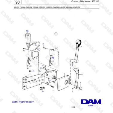 Volvo Penta MD40A/TMD40A/TMD40B/TMD40C/AQD40A/TAMD40A/TAMD40B/AD40B/AQAD40A/AQAD40B - Control, side mount: 853102