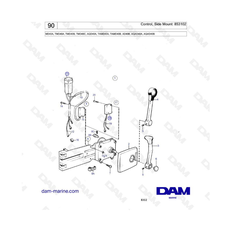 Volvo Penta MD40A/TMD40A/TMD40B/TMD40C/AQD40A/TAMD40A/TAMD40B/AD40B/AQAD40A/AQAD40B - Control, side mount: 853102