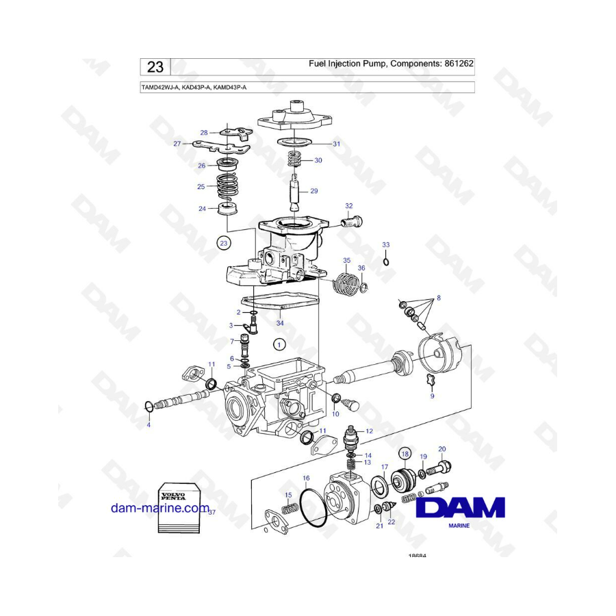 Volvo Penta TAMD42WJ-A/KAD43P-A/KAMD43P-A - Bomba de inyección de combustible, componentes: 861262 