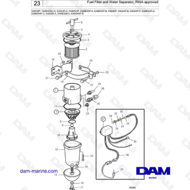 Volvo Penta KAD32P/TAMD42/KAD43/KAMD43/KAD44/KAMD44/KAMD300 - Fuel filter & water separator, RINA-approved
