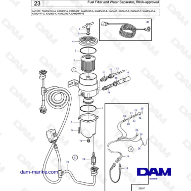 Volvo Penta KAD32/TAMD42/KAD43/KAMD43/KAD44/KAMD44/KAD300 - Fuel filter & water separator, rina-approved
