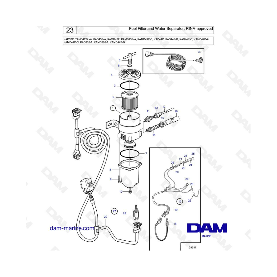Volvo Penta KAD32/TAMD42/KAD43/KAMD43/KAD44/KAMD44/KAD300 - Filtro de combustible y separador de agua, homologado por RINA