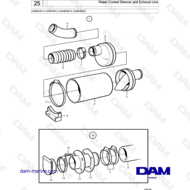 Volvo Penta KAMD43P-A/KAMD44P-A/KAMD44P-C/KAMD300-A - Water cooled silencer & exhaust line