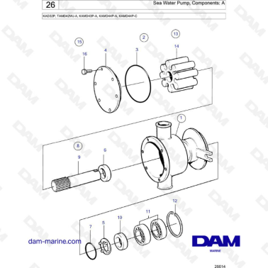 Volvo Penta KAD32P/TAMD42WJ-A/KAMD43P-A/KAMD44P-A/KAMD44P-C - Sea water pump, components : A