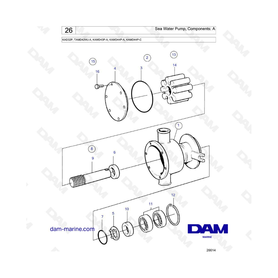 Volvo Penta KAD32P/TAMD42WJ-A/KAMD43P-A/KAMD44P-A/KAMD44P-C - Sea water pump, components: A