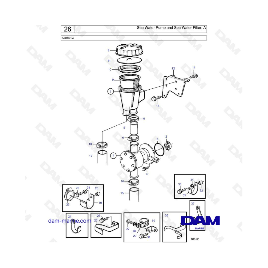 Volvo Penta KAD43P-A - Sea water pump & sea water filter: A 