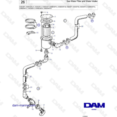 Volvo Penta KAD32/TAMD42/KAD43/KAMD43/KAD44/KAMD44/KAD300 - Sea water filter & water intake