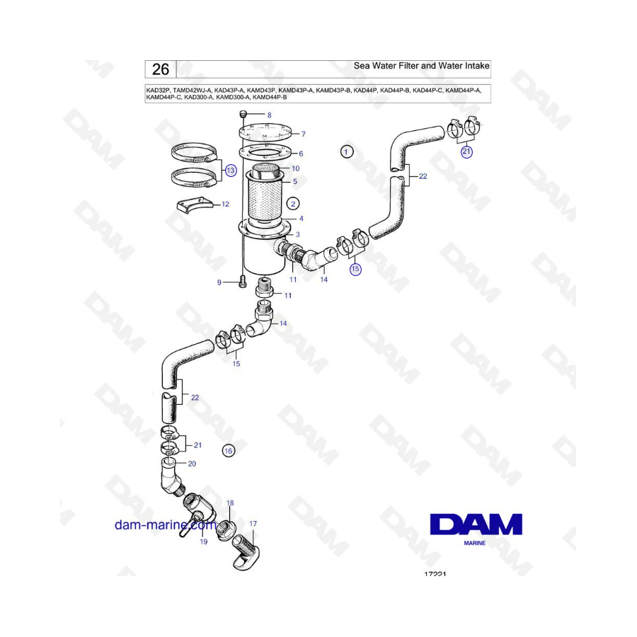 Volvo Penta KAD32/TAMD42/KAD43/KAMD43/KAD44/KAMD44/KAD300 - Sea water filter & water intake