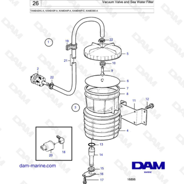 Volvo Penta TAMD42WJ-A/KAMD43P-A/KAMD44P-A/KAMD44P-C/KAMD300-A - Vacuum Valve & sea water filter