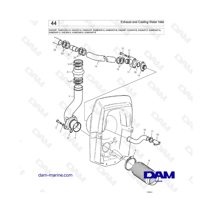 Volvo Penta KAD32P/TAMD42/KAD43/KAMD43/KAD44/KAMD44 - Exhaust & cooling water inlet 
