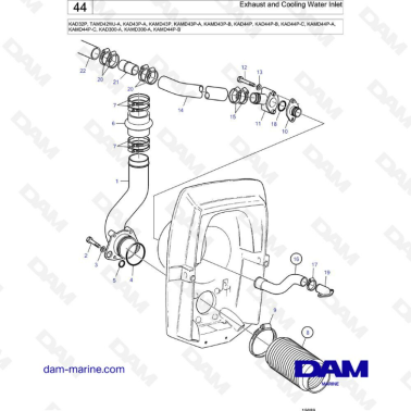 Volvo Penta KAD32P/TAMD42W/KAD43/KAMD43/KAD44/KAMD44 - Exhaust & cooling water inlet
