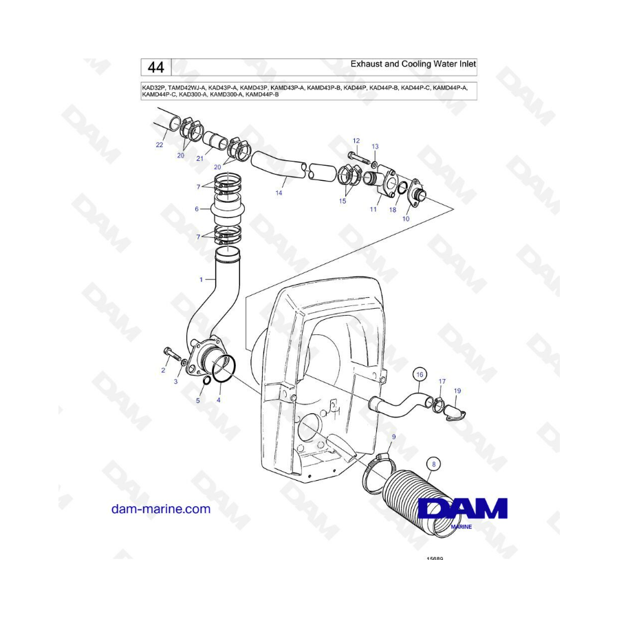 Volvo Penta KAD32P/TAMD42W/KAD43/KAMD43/KAD44/KAMD44 - Exhaust & cooling water inlet